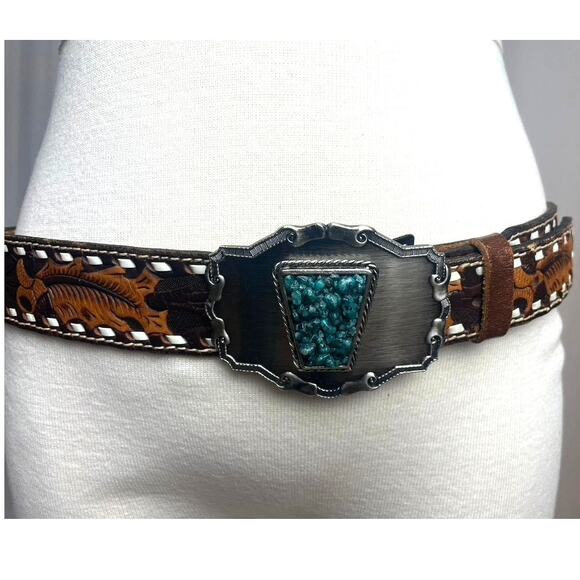 Vintage 80s RAINTREE Tooled Leather Western Belt Mens (38) Acorn Turquoise USA - Picture 2 of 8